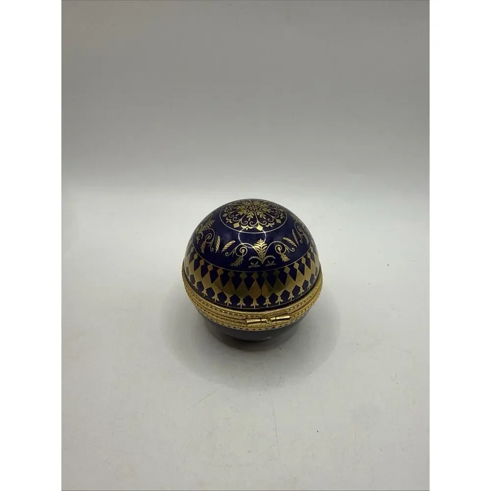 Vintage Estee Lauder Cobalt Blue Ball Trinket Box Gold Accents *